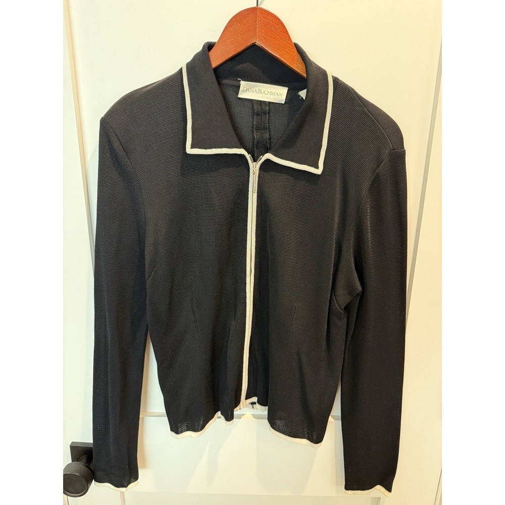 Dana Buchman Women's Zip Fron Cardigan Black With Whit Trim In Size S - Picture 2 of 5